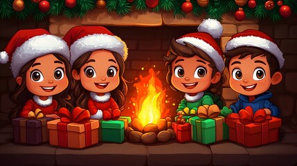 Group of friends exchanging holiday gifts by a warm fire with festive decorations, cartoon vector style