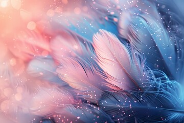 Poster - Soft pastel feathers with sparkles against a vibrant background create a dreamy atmosphere reminiscent of a tranquil morning
