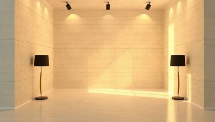 Wall Mural - Minimalist room with two lamps and a spotlight on the wall.