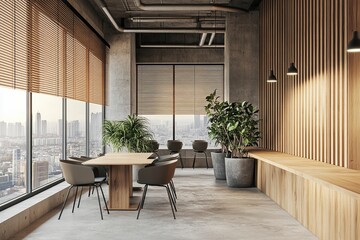 Wall Mural - Contemporary wooden and concrete coworking office interior with empty mock up place on wall, panoramic window and city view, furniture and decorative plants, blinds. 3generative ai