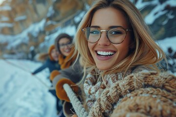 the beautiful woman wearing glasses is smiling and laughing as she competes in a spirited game of tu