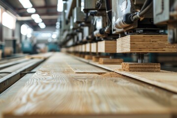 Poster - A wooden worktable in a factory setting with industrial machinery visible in the background