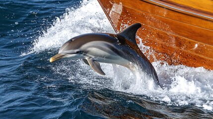 Wall Mural - a playful dolphin leaps out of the water beside a wooden boat, creating a splash of water.