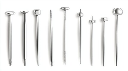 An isolated set of nails hammered into a wall, displayed on a white background. This collection includes steel or silver pin heads, featuring both straight and bent metal hardware.