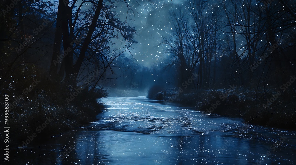 Still river winds through a dark forest under a starry night sky. Snow ...