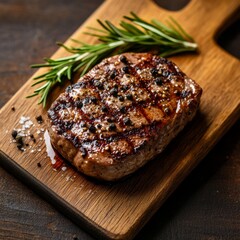 Sticker - A perfectly grilled steak rests on a wooden cutting board, showcasing its rich texture. Garnished with fresh rosemary and cracked black pepper, it captures natural light beautifully