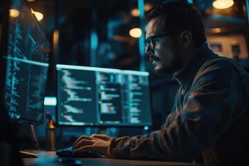 Poster - a person sitting in front of two computer monitors, focused on work