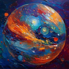 Vibrant cosmos, showcasing planets in rich colors against a color starry background. An oil painting style, the soft brush strokes add depth and texture