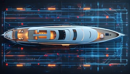 Wall Mural - Futuristic yacht design featuring glowing lines and digital elements on a sleek dark blueprint backdrop