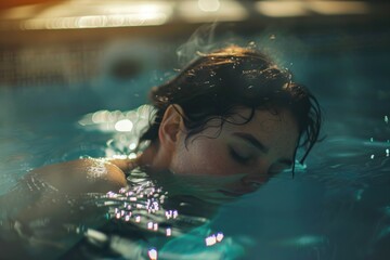 Wall Mural - A person enjoying time off in a swimming pool, ideal for use in summer-themed or relaxation-related content