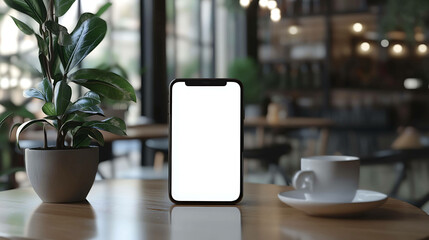 Wall Mural - A white smartphone with a blank screen sits on a wooden table in a cafe with a cup of coffee and a plant in the background.