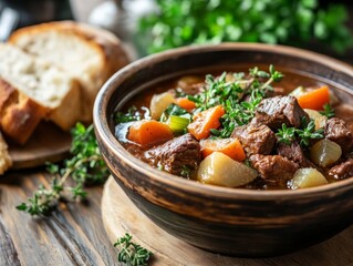 Poster - Tender chunks of meat and colorful root vegetables simmer in a rich broth, served in a rustic bowl alongside crusty bread and fresh herbs, creating a cozy, inviting setting