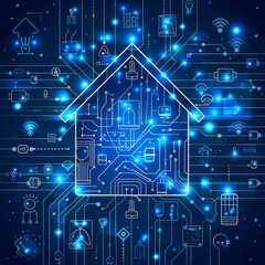 Poster - Modern smart home technology concept showcasing interconnected devices with glowing circuits in a digital landscape at night