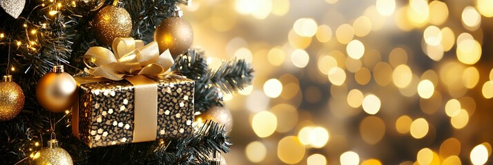 A golden gift box with a bow sits on a decorated Christmas tree.