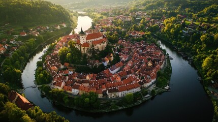 Aerial view of the charming medieval town of Cesky Krumlov, with its red-roofed buildings nestled along the Vltava River. The towering castle dominates the landscape.