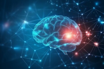 Poster - Abstract brain with glowing connections on blue background. Generative AI.
