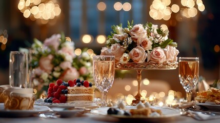 Elegant wedding, beautiful bride, fashionable wedding dress. There was lots of food and cake along with champagne to celebrate.