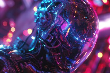Poster - Close-up of a robot's head with bright lights in the background, suitable for tech and futuristic themes