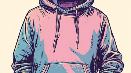 A close-up of a pink and blue hoodie with a white drawstring.