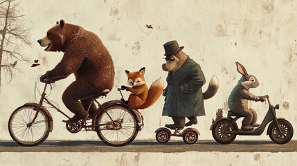 A brown bear is riding a bike. A fox, monkey, hippo, and rabbit are on a scooter. An old man in a hat and coat looks like he's from a long time ago. The picture looks like a vintage drawing.