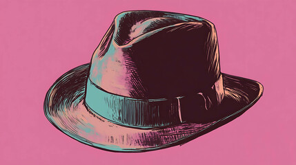 Wall Mural - A vintage-style illustration of a fedora hat on a pink background.