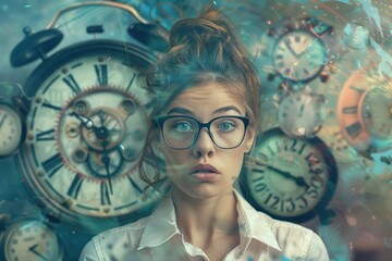 Poster - A woman wearing glasses stands in front of multiple clocks, perfect for illustrating time management, punctuality or clock-related themes