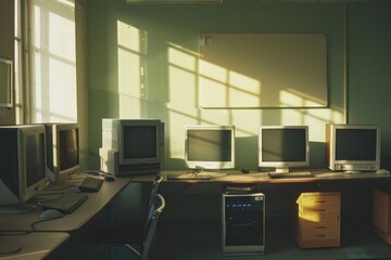 Poster - Row of computer monitors on a desk