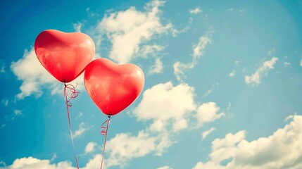 Poster - Two heart shaped balloons floating in a cloud filled sky