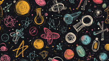 Poster - A collection of science symbols, formulas, and experiments.This doodle-style design explores topics like atoms, magnetism, and mechanics.Perfect for a science classroom, lab, or educational resource.