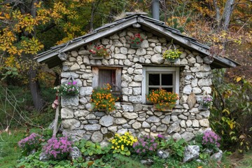 A small stone building with flowers in the window