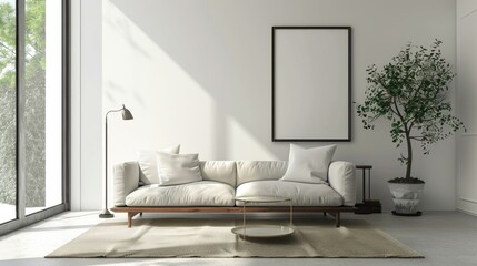 Wall Mural - A cozy living room scene with a couch and potted plant, suitable for interior design or home decor projects