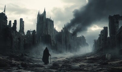 Wall Mural - A lone figure walks through a ruined city.