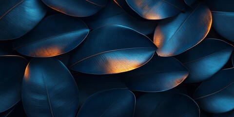 Wall Mural - A mesmerizing pattern of deep blue leaves with a subtle glow of warm light illuminating their intricate veins.