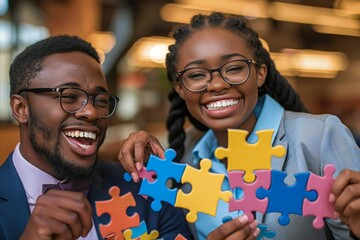 The beautiful African American business man and woman, both wearing eyeglasses, are smiling and laughing while holding puzzle pieces and showcasing their teamwork in the corporate office.