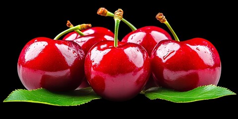 Canvas Print - A cluster of ripe, glossy red cherries with green stems and leaves against a dark background.