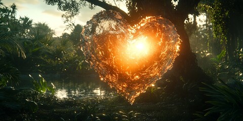 Poster - A glowing heart of liquid light suspended above a lush tropical jungle setting, illuminated by the warm rays of the sun