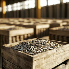 Wall Mural - Sunflower seeds harvested in wooden boxes in a warehouse. Natural organic fruit abundance. Healthy and natural food storing and shipping concept.