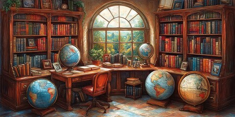 Sticker - A well-stocked library with antique globes and a window looking out onto a lush forest landscape