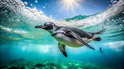 Penguin Swimming Underwater in Clear Blue Ocean