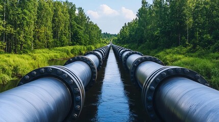 Industrial pipelines crossing a serene river, energy infrastructure, polished metal reflecting the sunlight, lush green surroundings, clear blue sky, calm and peaceful setting