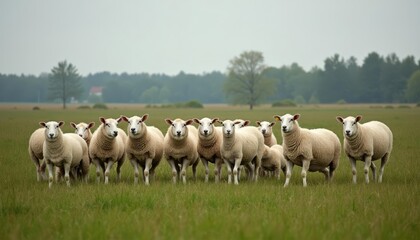 Sticker -  Peaceful pastoral scene with a herd of sheep in a field