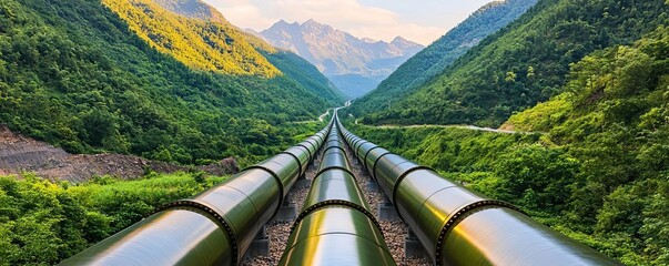 Glistening oil pipelines stretching across a landscape, energy transport, polished metal, vibrant greenery surrounding the infrastructure, bright, clear sky