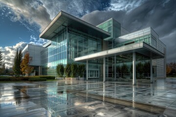 A large glass building against a clear blue sky