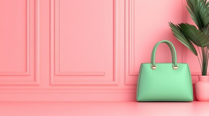 Aufkleber - Mint Green Bag, Pink Wall, Potted Plant, Vibrant Contrast, Chic Interior Décor, Fashionable Style Display, Modern Design