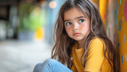 Little girl with long hair looking sad and pensive