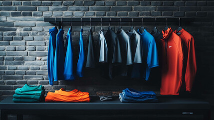 Wall Mural - Assortment of men's sportswear on display in a retail store.