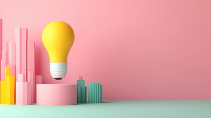 Poster - Floating bulb, pastel cityscape, minimal pink yellow teal composition, creative abstract design, futuristic concept