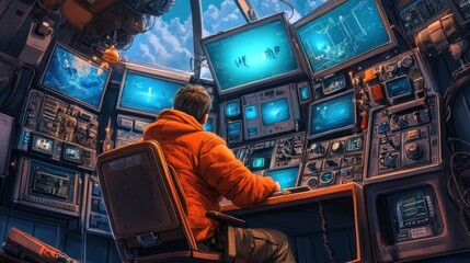 Poster - Mission Control Hub, Operator in Orange Jacket, Multiscreen Monitoring, High-tech Command Center, Coordinating Satellite Operations