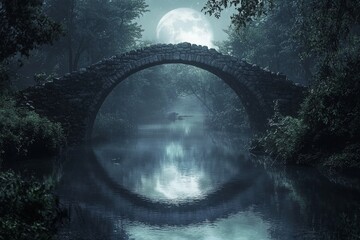 Ancient Stone Bridge Over a Calm River at Night