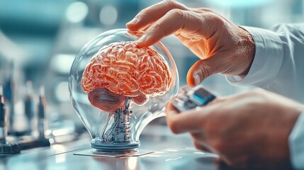 Poster - Artificial Intel Evolution Lab, hands interact with futuristic brain model, innovation in neuroscience research.